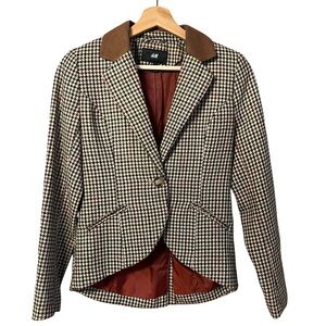 H&M Womens Wool Houndstooth Blazer Size 4 Preppy Academia Equestrian Elbow Patch